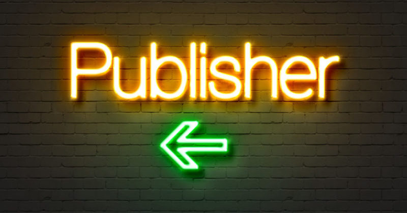 Publisher neon sign on brick wall background.